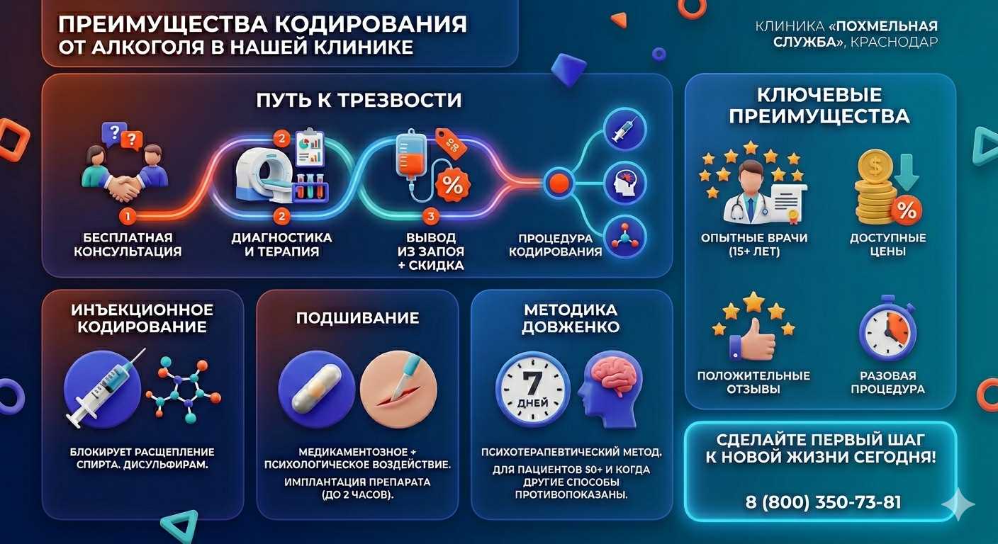 Инфографика о методах кодирования от алкоголя в Волчанске: инъекции, подшивание, метод Довженко. Преимущества клиники и этапы лечения.